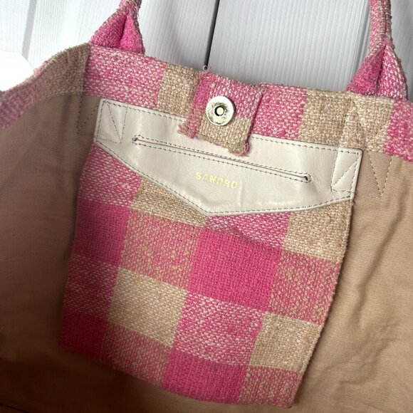 Sandro Pink Cream Gingham Check Pattern Calf Leather Patch Tote Bag - Picture 4 of 12